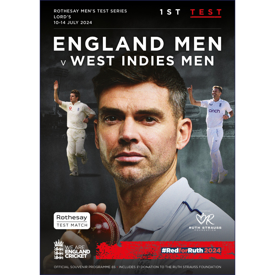 Cover image for the Official Programme - 1st Test England Men v West Indies Men at Lords.  Jimmy Anderson image in pictured. 